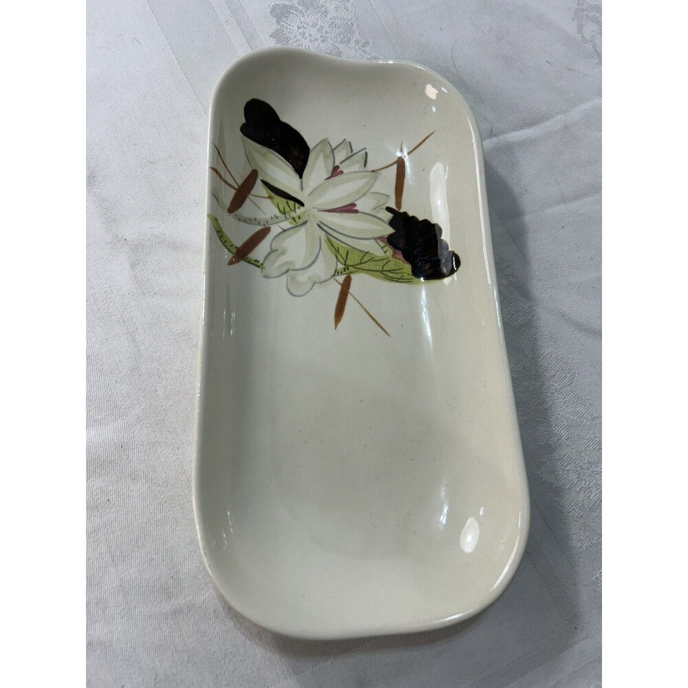 Vintage Red Wing Lotus Bronze Celery Dish USA Pottery Rare Unused Serving Tray